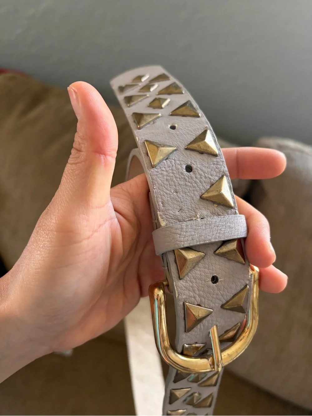 Taupe Studded Leather Belt with Gold Buckle